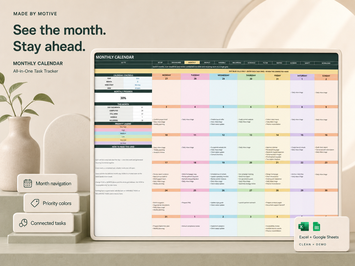 All-in-One Task Tracker — Monthly Calendar