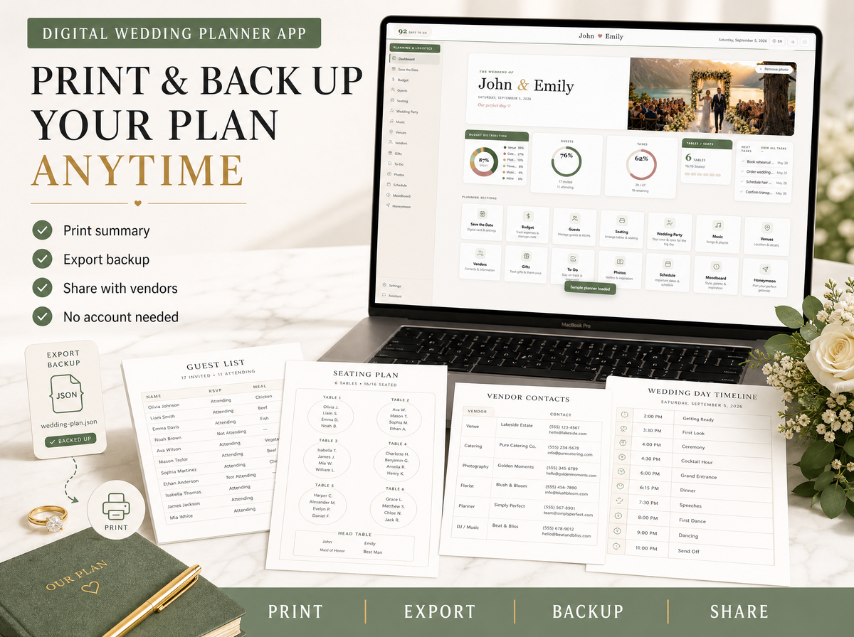 Wedding Planner App — Print and export