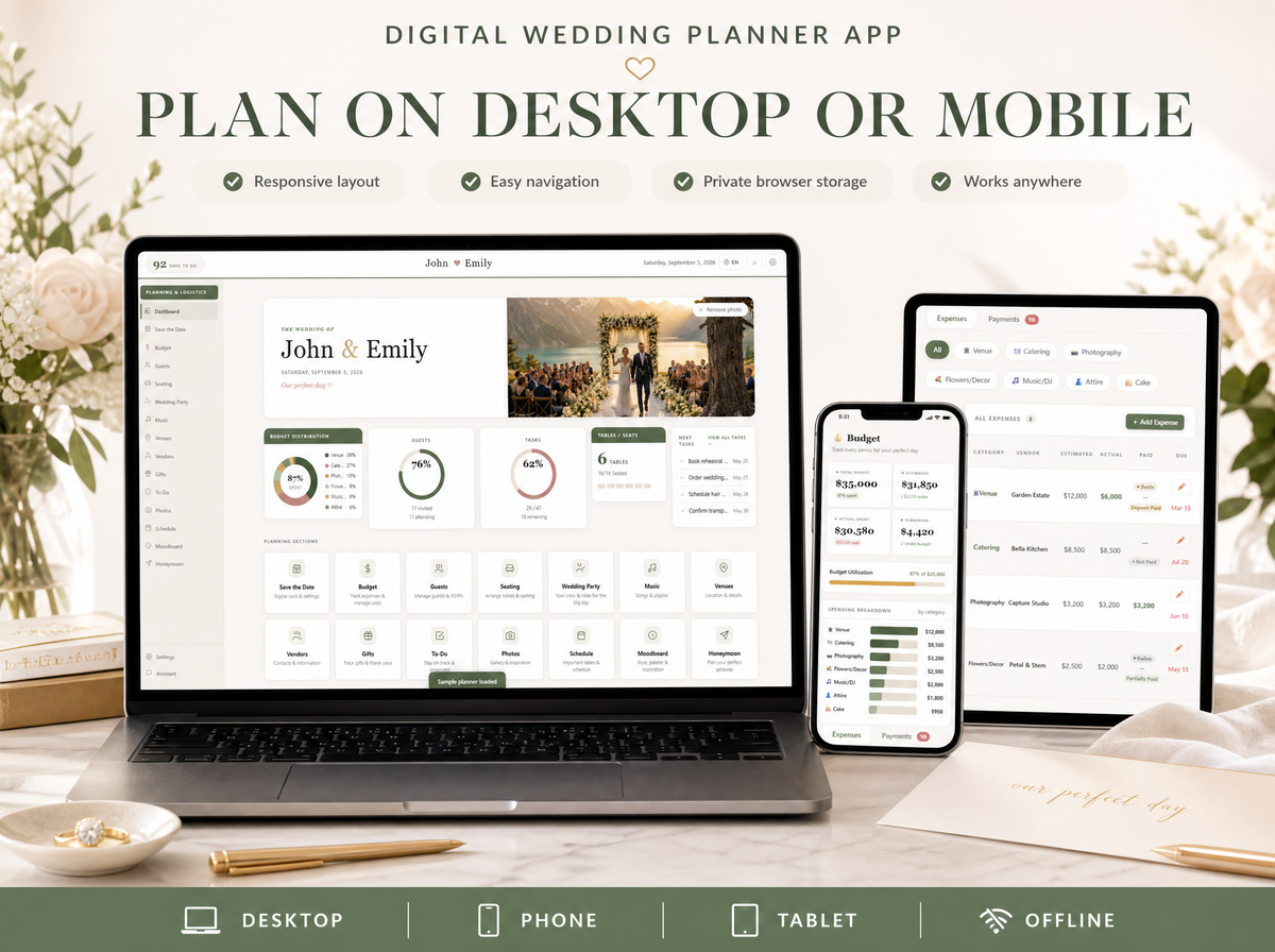 Wedding Planner App — Works on mobile and desktop